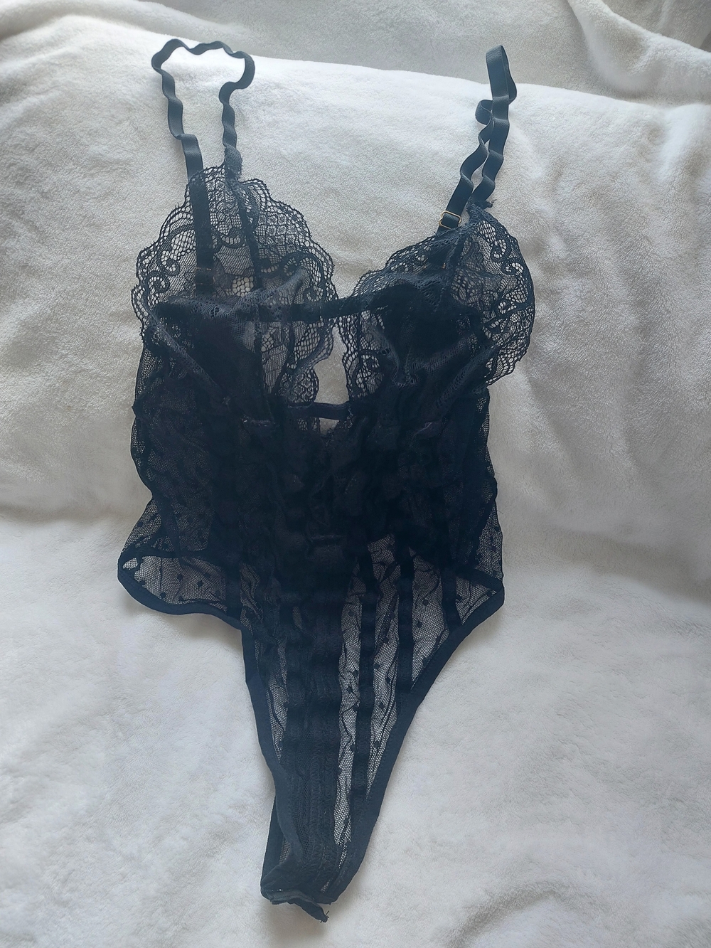 Rene Rofe Sheer Black Lace Strappy Bodysuit Lingerie M/L
